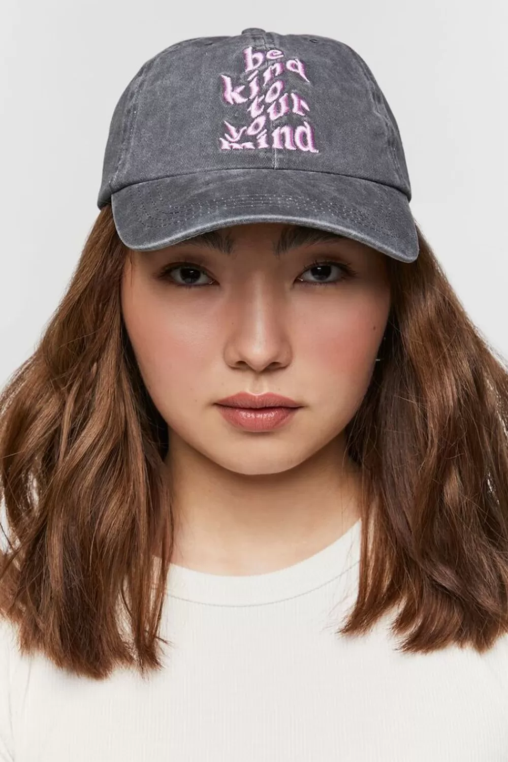 Hats + Beanies>Forever 21 Be Kind To Your Mind Baseball Cap Charcoal/Pink