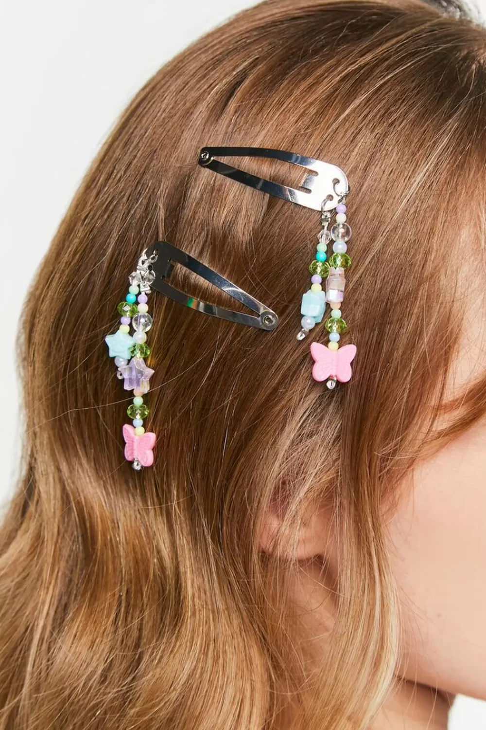 Hair Accessories>Forever 21 Beaded Charm Snap Hair Clip Set Silver/Multi