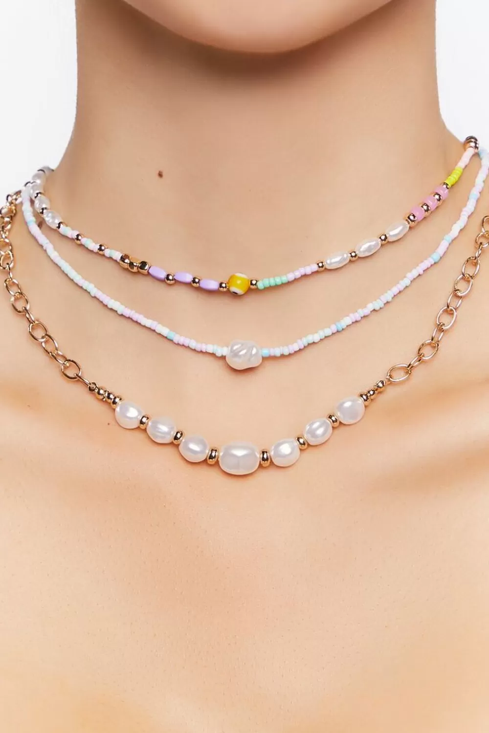 Necklaces>Forever 21 Beaded Faux Pearl Necklace Set Pink/White