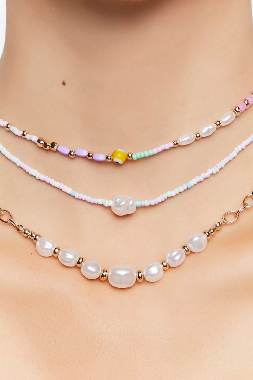 Necklaces>Forever 21 Beaded Faux Pearl Necklace Set Pink/White
