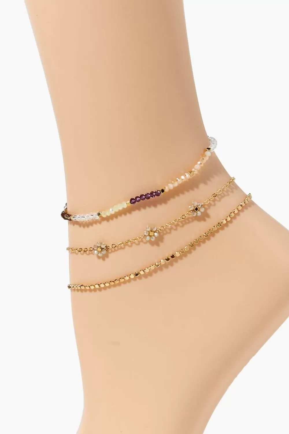 Body Jewelry>Forever 21 Beaded Floral Chain Anklet Set Gold