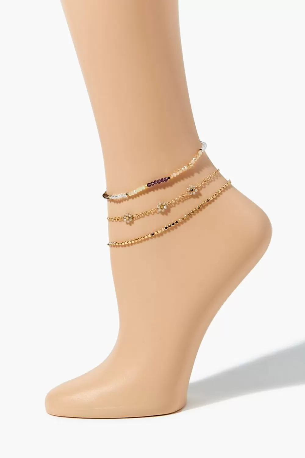 Body Jewelry>Forever 21 Beaded Floral Chain Anklet Set Gold
