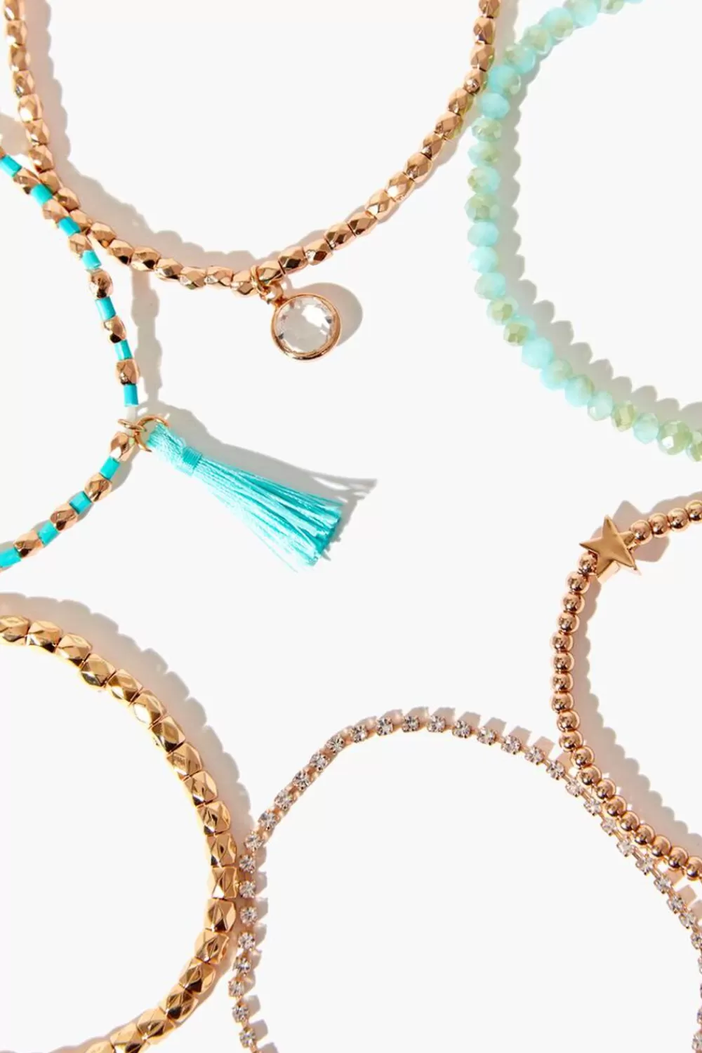Bracelets>Forever 21 Beaded Tassel Bracelet Set Gold/Turquoise