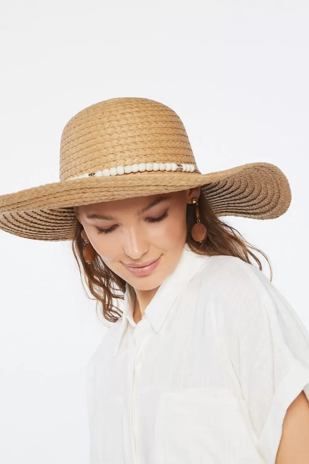 Hats + Beanies>Forever 21 Beaded-Trim Floppy Straw Hat Natural/Cream