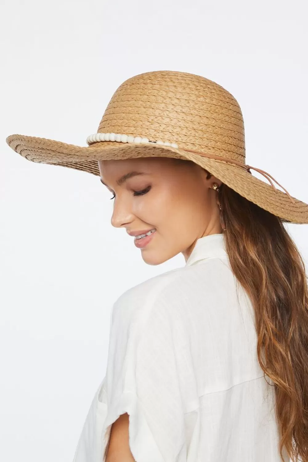 Hats + Beanies>Forever 21 Beaded-Trim Floppy Straw Hat Natural/Cream
