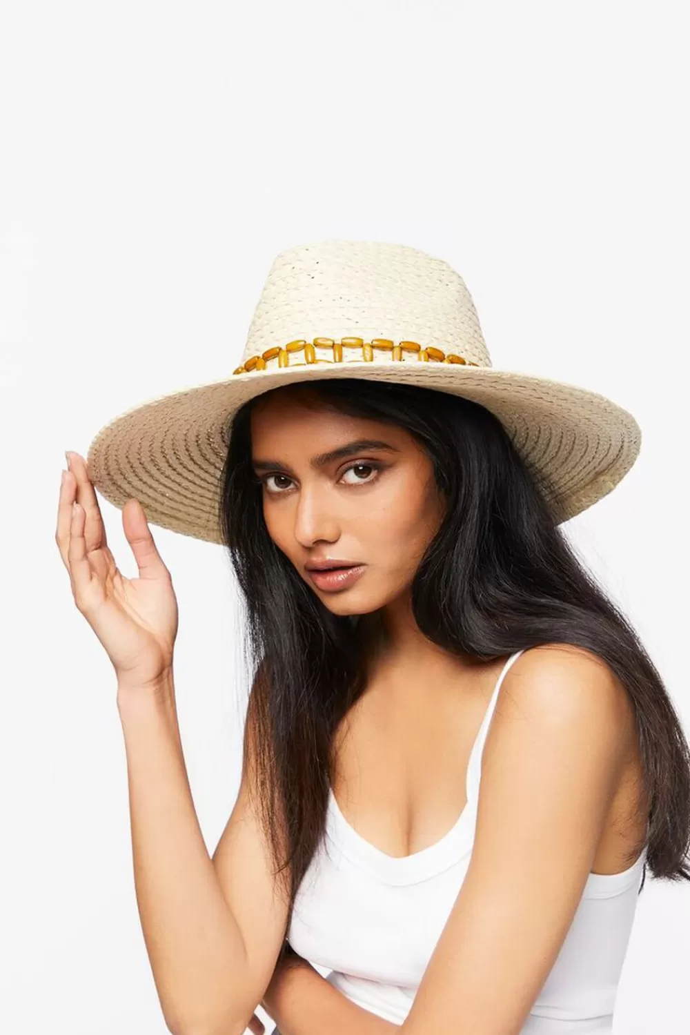 Hats + Beanies>Forever 21 Beaded-Trim Panama Hat Natural/Brown
