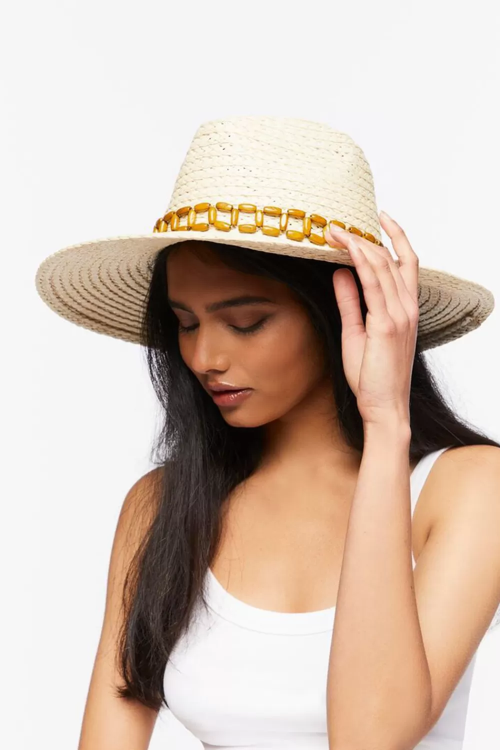 Hats + Beanies>Forever 21 Beaded-Trim Panama Hat Natural/Brown
