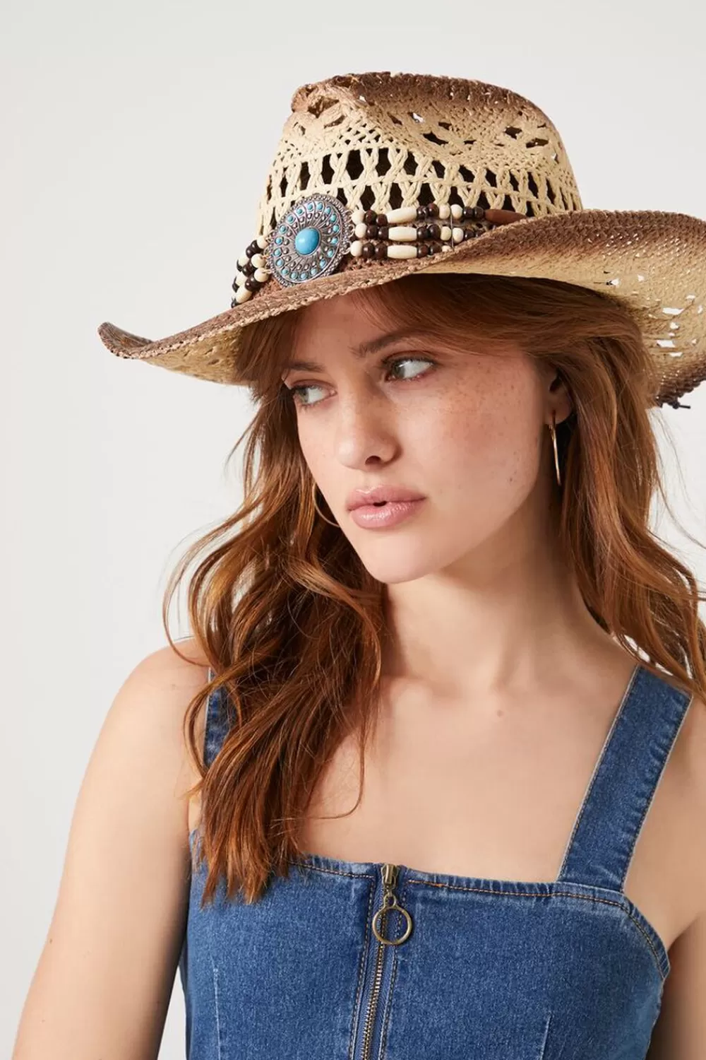 Hats + Beanies>Forever 21 Beaded-Trim Straw Cowboy Hat Natural/Multi