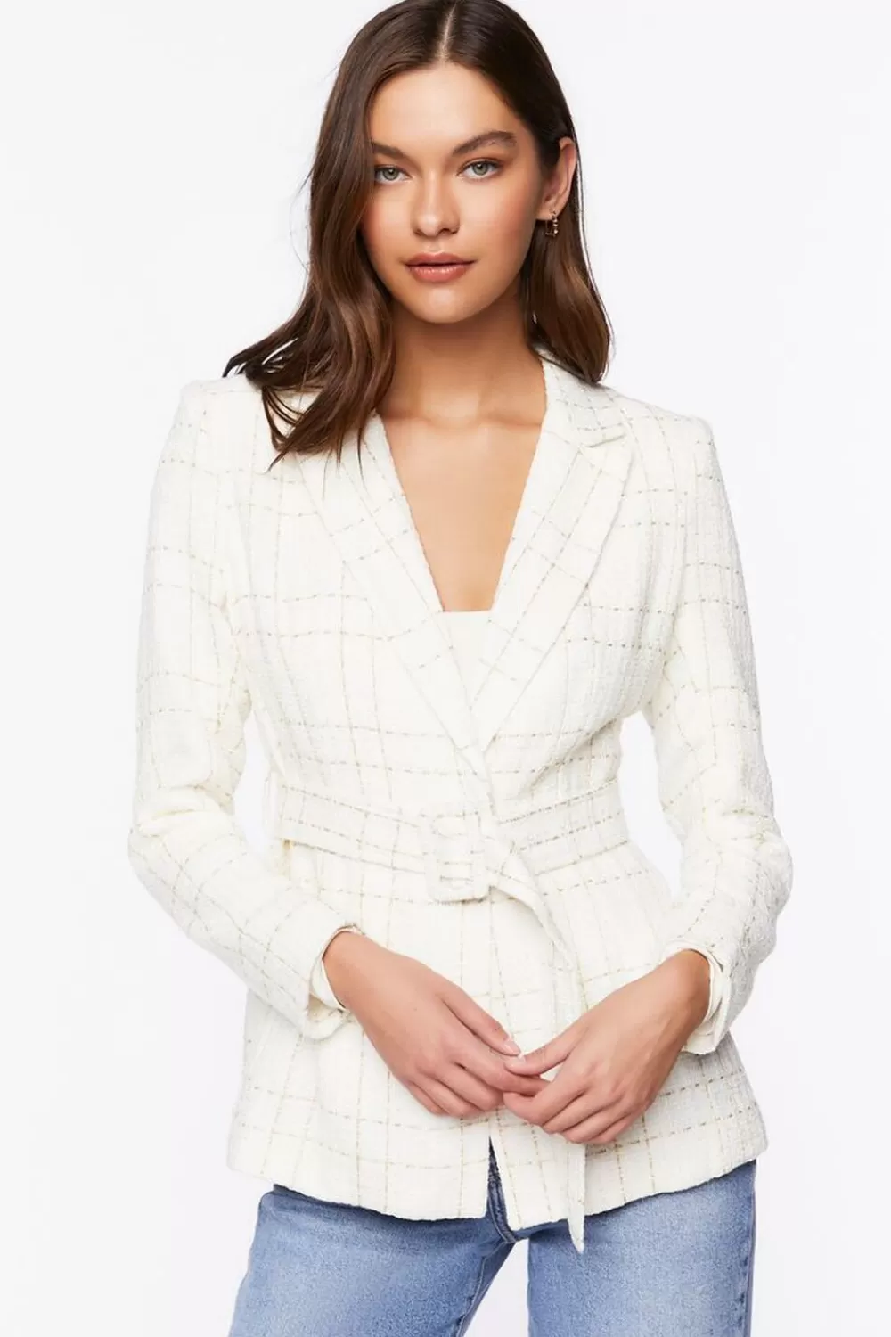Forever 21 Belted Grid Plaid Tweed Blazer | Women Tops
