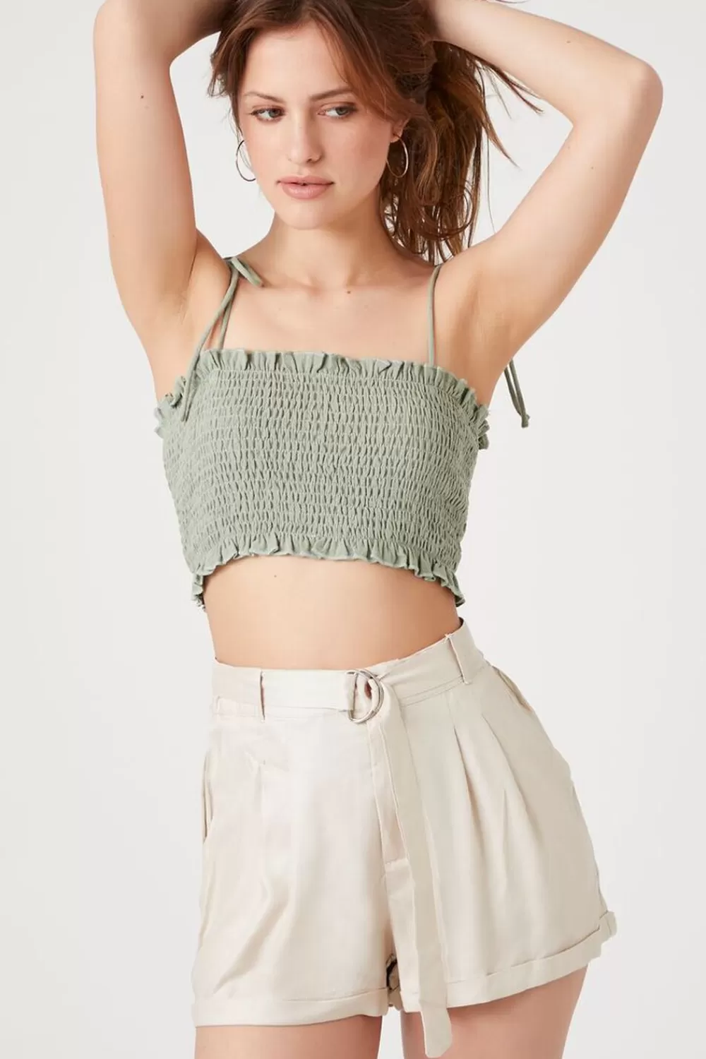 Bottoms>Forever 21 Belted High-Rise Shorts Khaki