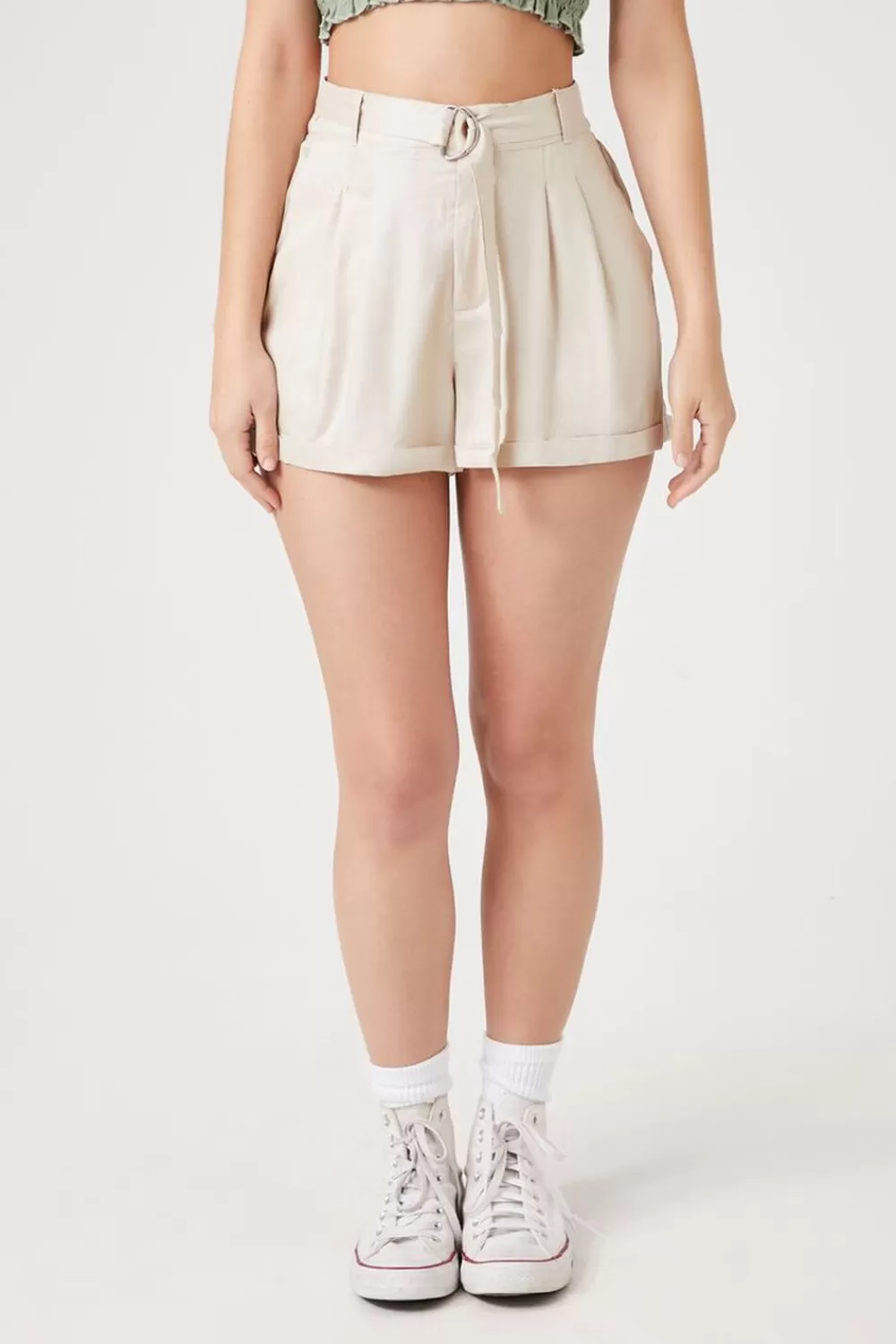 Bottoms>Forever 21 Belted High-Rise Shorts Khaki