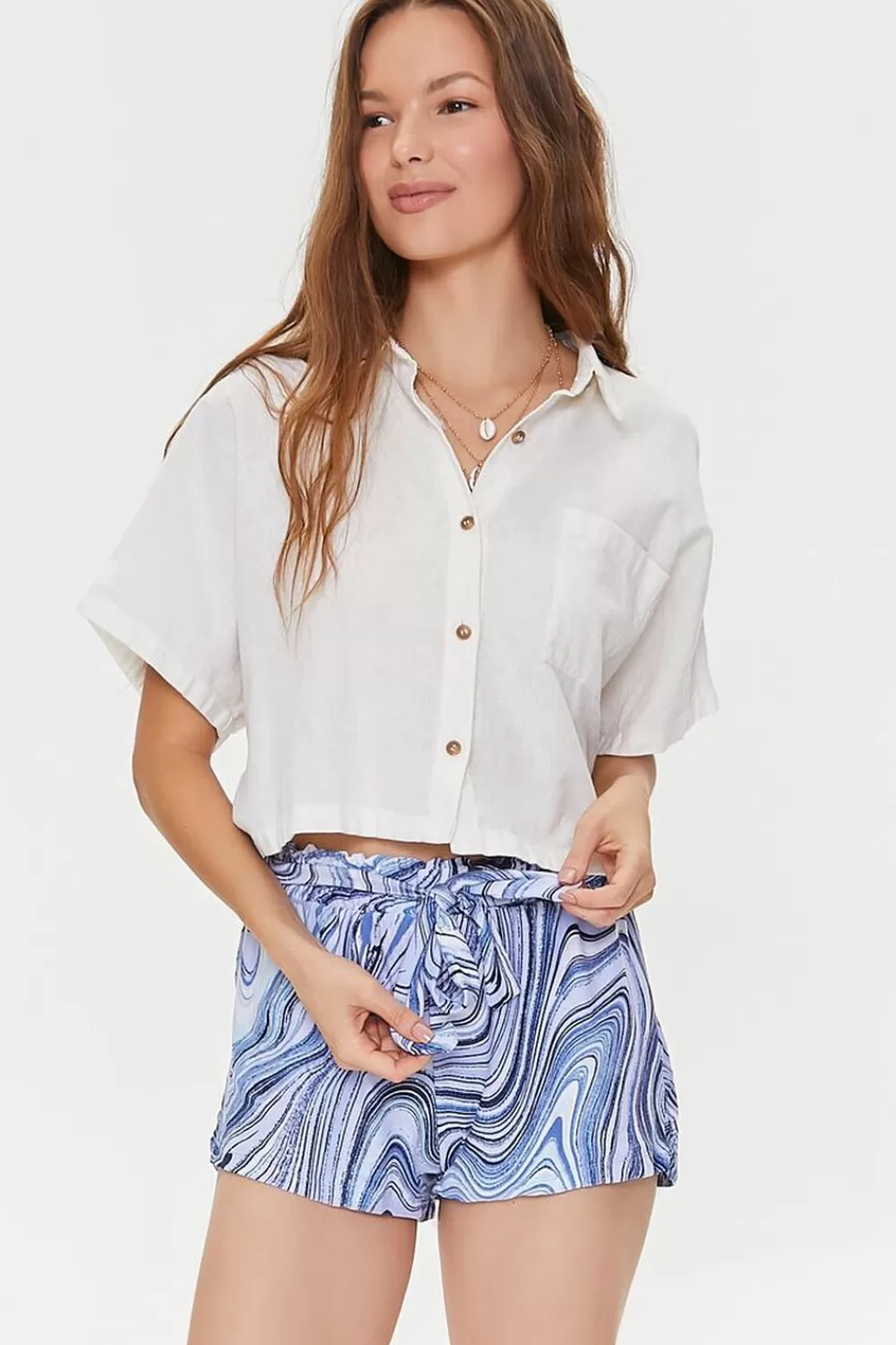 Bottoms>Forever 21 Belted Marble Print Paperbag Shorts Blue/Multi