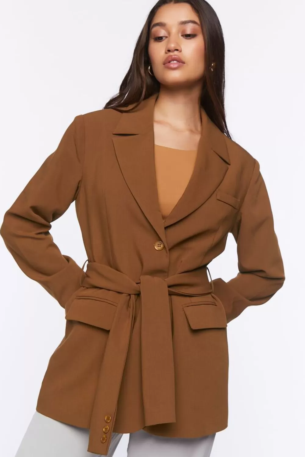 Jackets + Outerwear>Forever 21 Belted Notched Blazer Almond