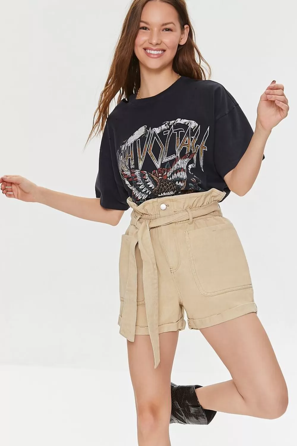 Bottoms>Forever 21 Belted Paperbag Twill Shorts Khaki