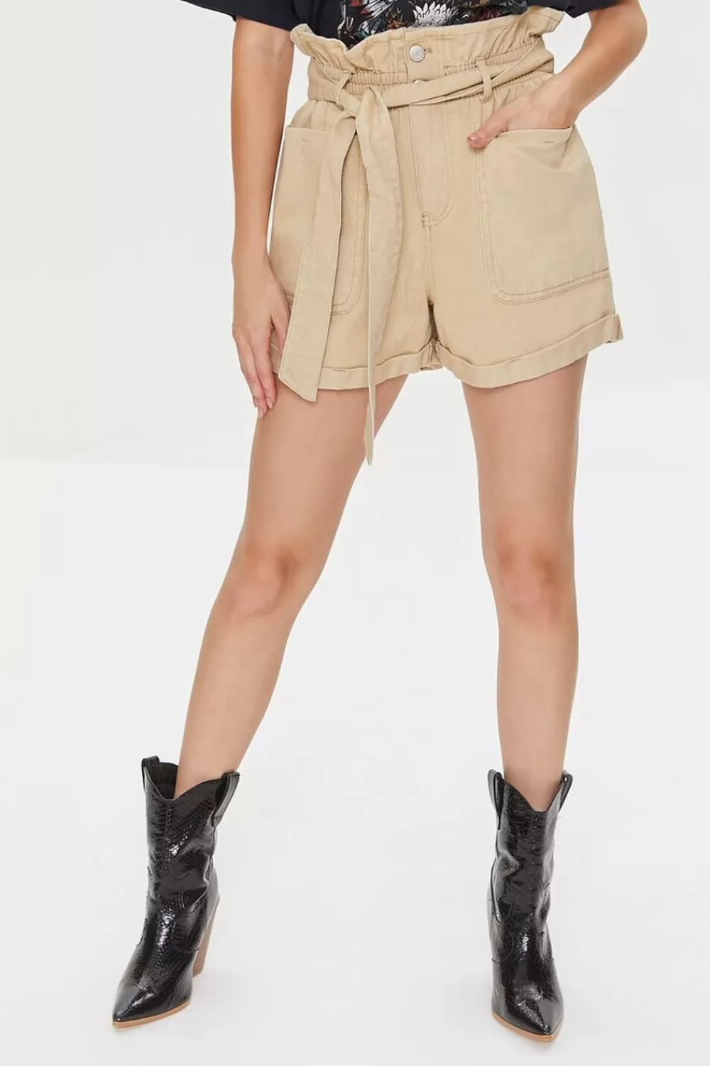 Bottoms>Forever 21 Belted Paperbag Twill Shorts Khaki