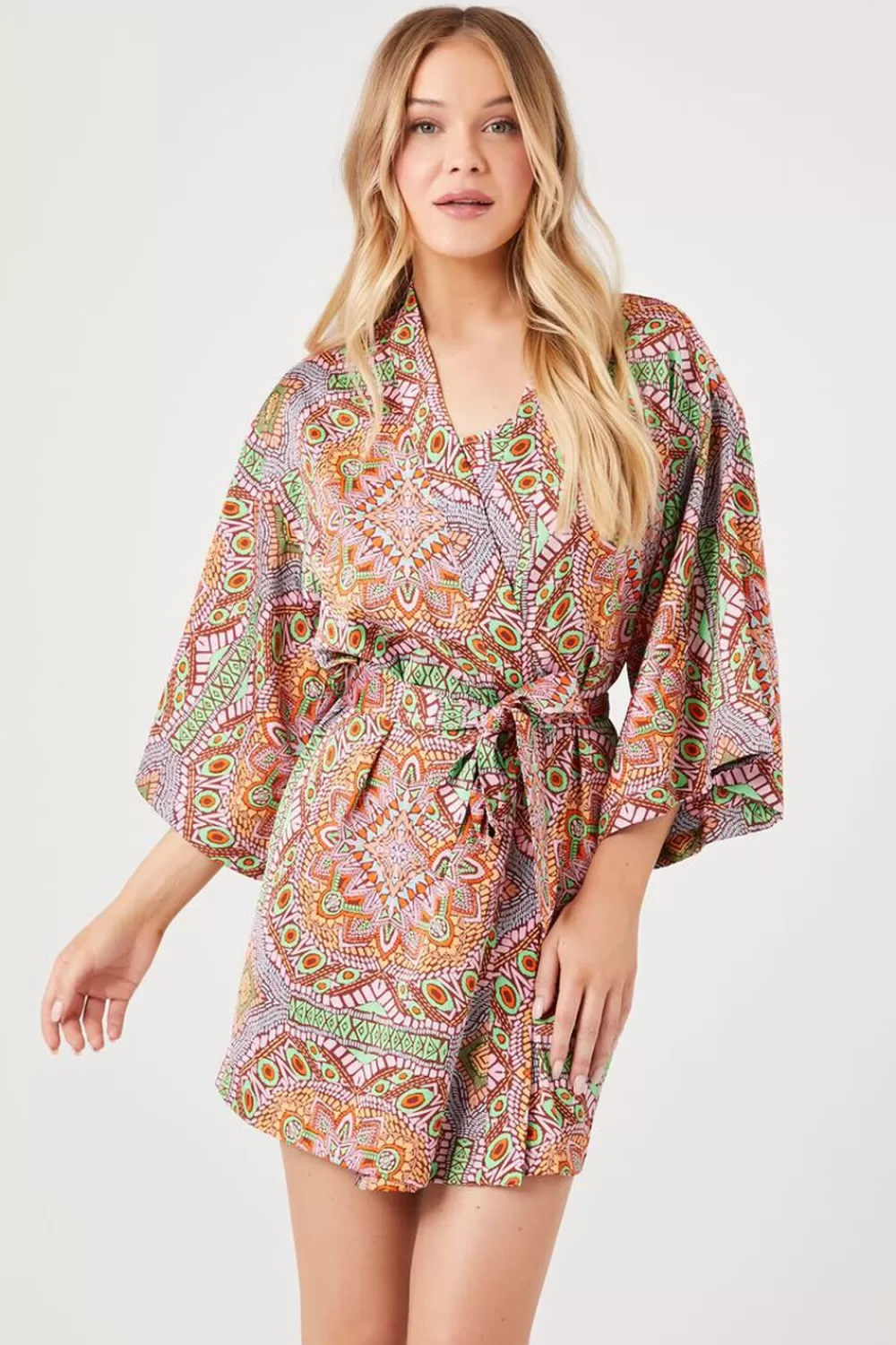 Loungewear>Forever 21 Belted Satin Ornate Print Kimono Green/Multi