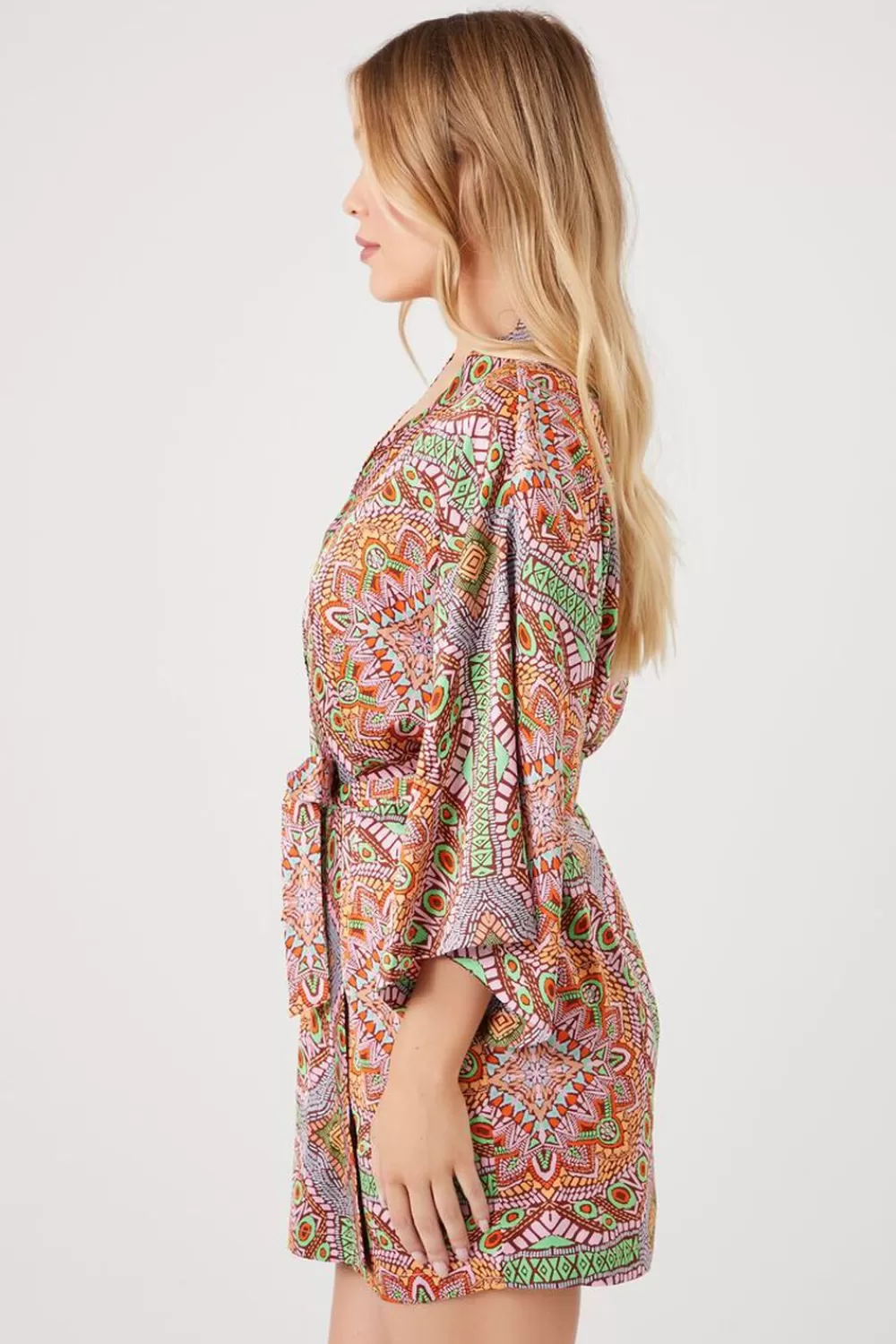 Loungewear>Forever 21 Belted Satin Ornate Print Kimono Green/Multi