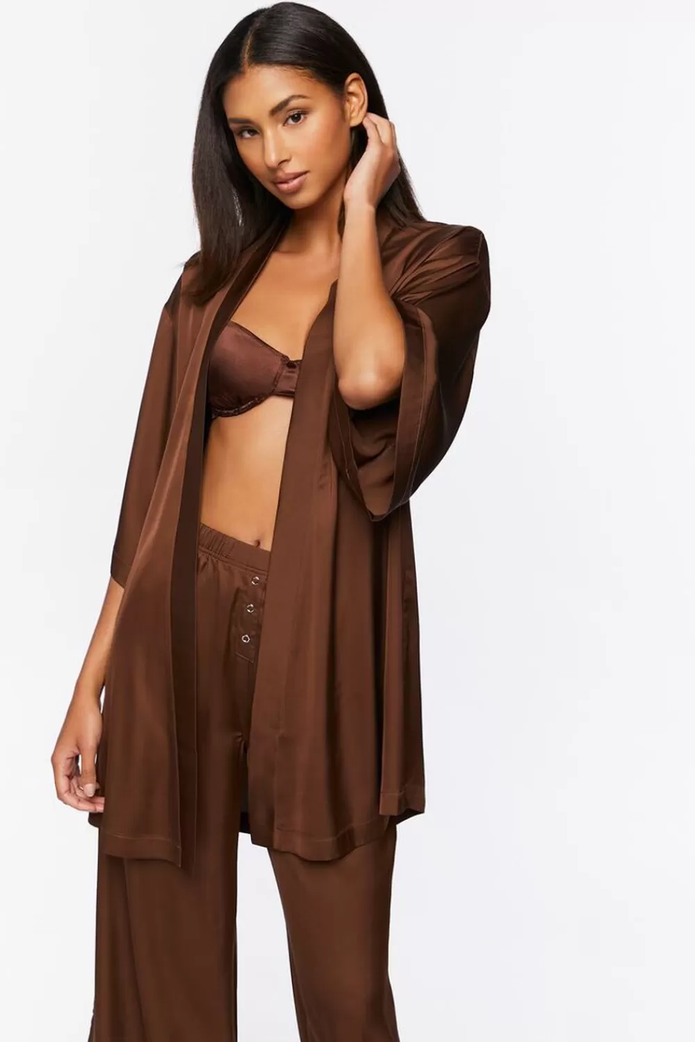 Matching Sets>Forever 21 Belted Satin Robe Brown