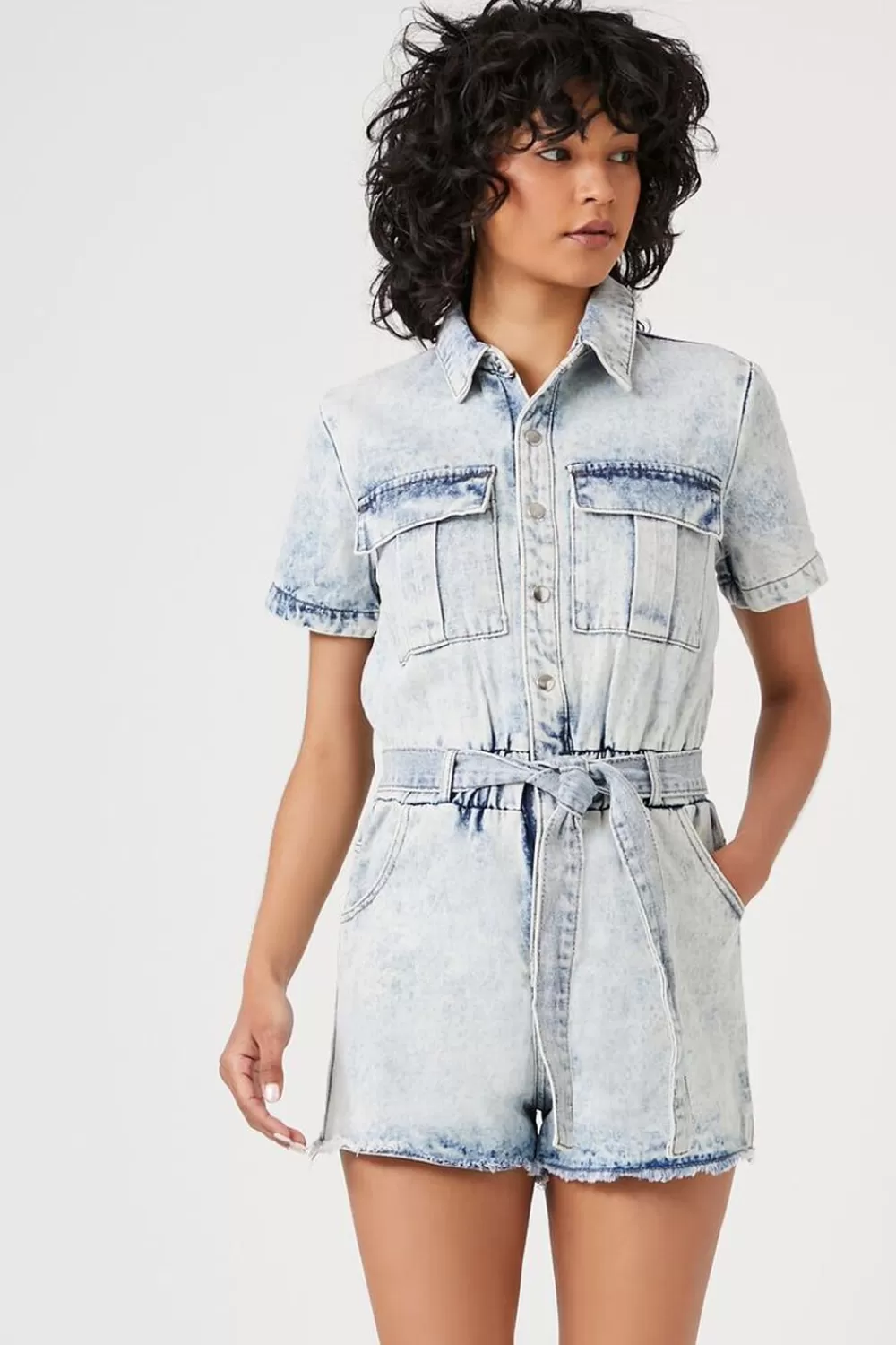 Rompers + Jumpsuits>Forever 21 Belted Short-Sleeve Denim Romper Light Denim