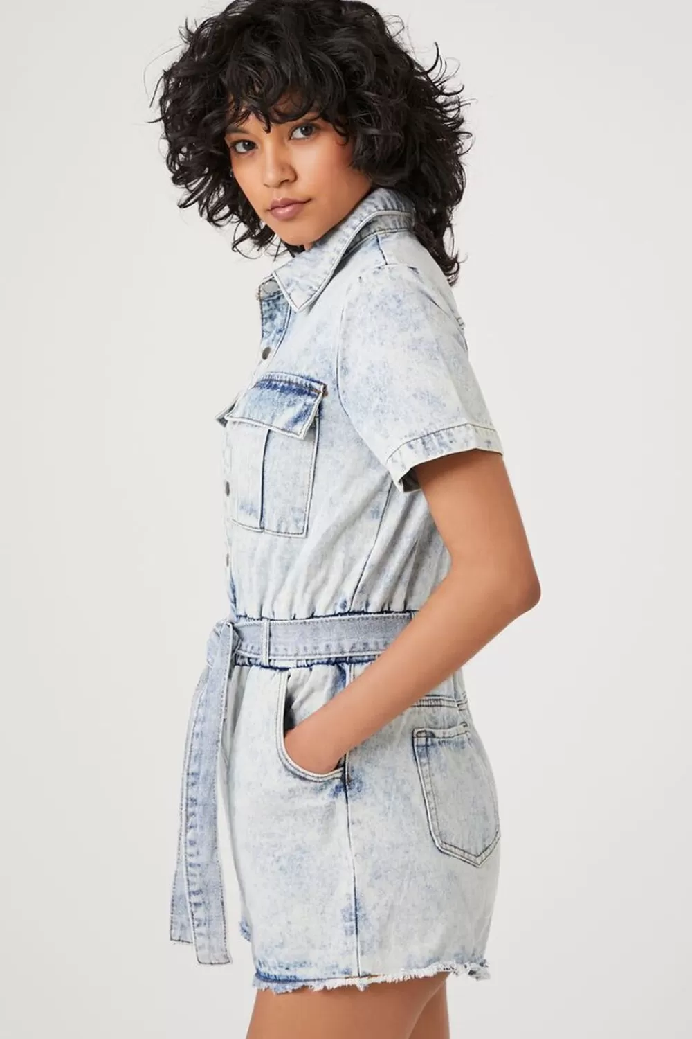 Rompers + Jumpsuits>Forever 21 Belted Short-Sleeve Denim Romper Light Denim
