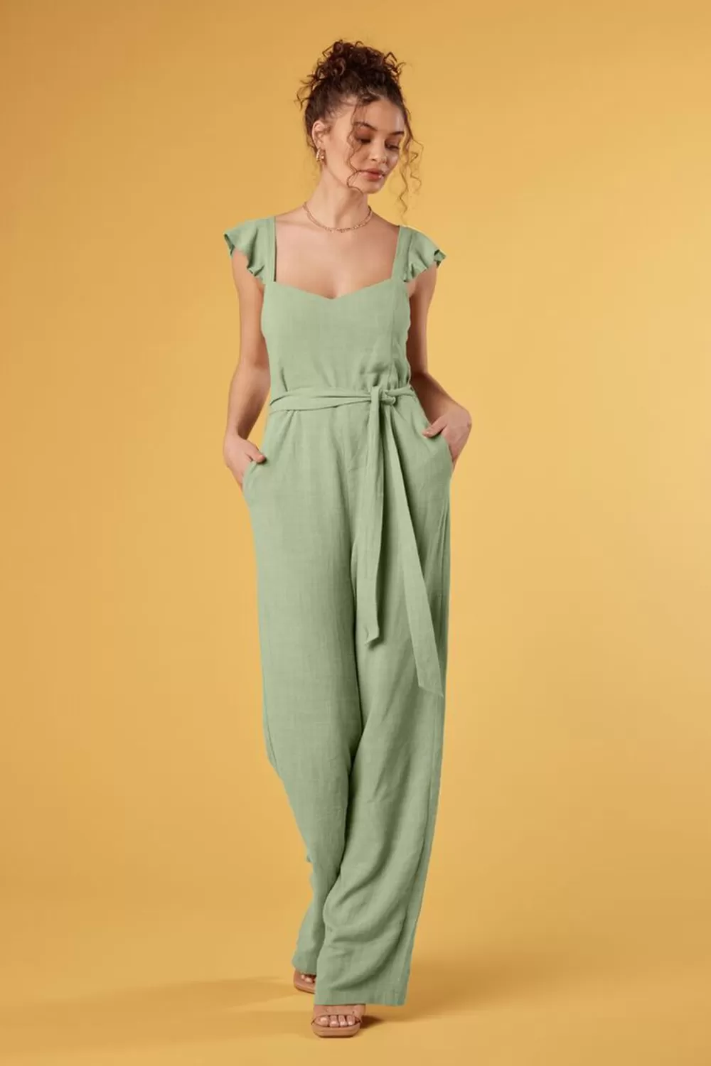 Rompers + Jumpsuits>Forever 21 Belted Sweetheart Jumpsuit Sage