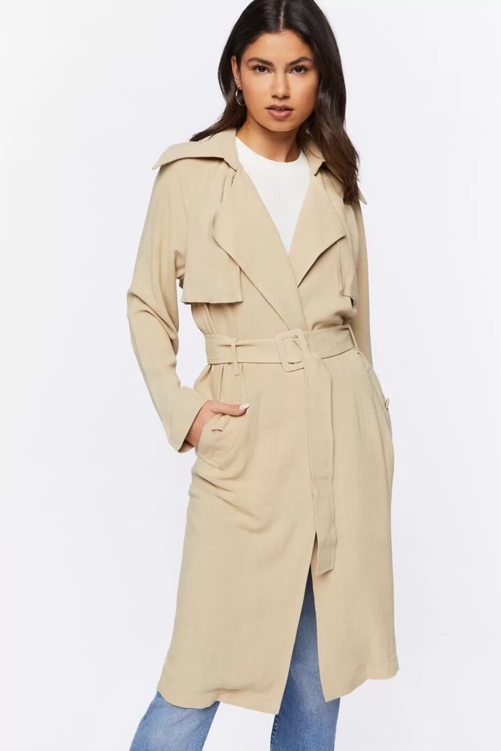 Jackets + Outerwear>Forever 21 Belted Trench Coat Khaki