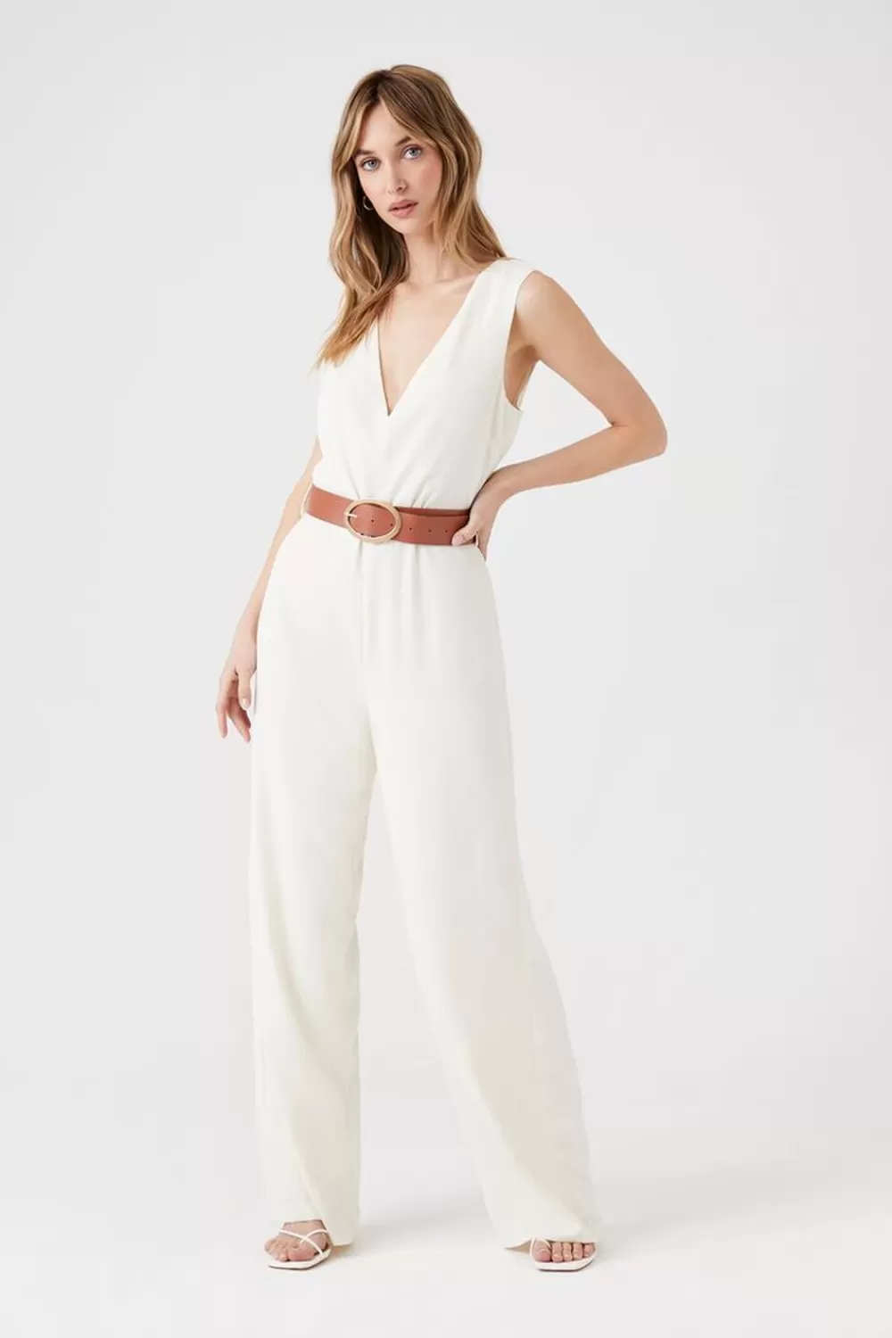 Rompers + Jumpsuits>Forever 21 Belted Wide-Leg Jumpsuit Ivory