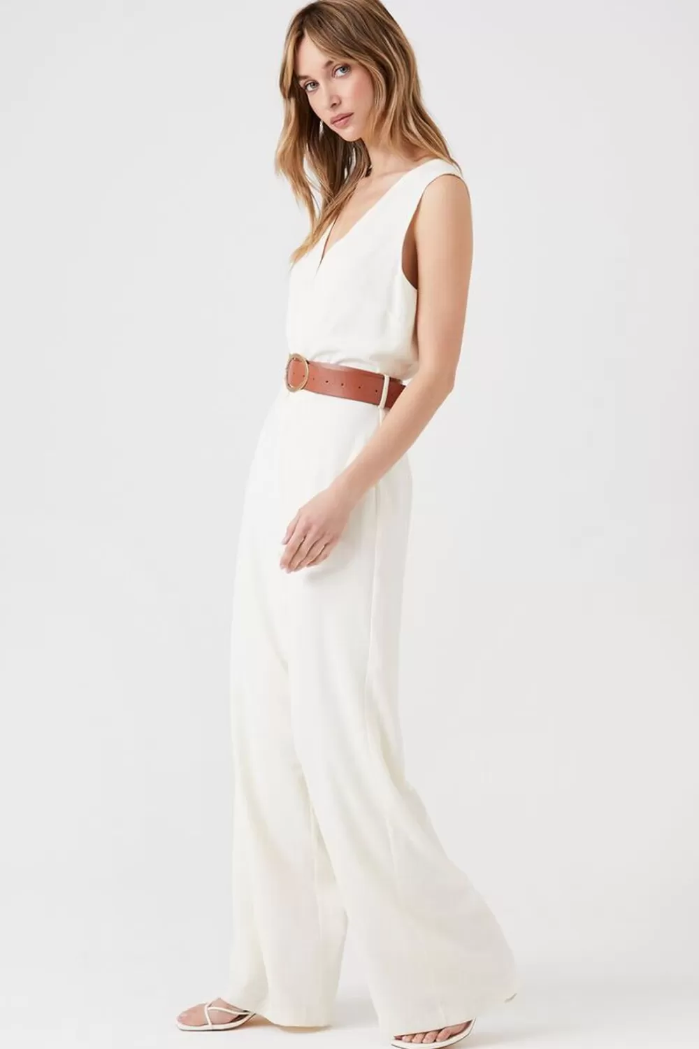 Rompers + Jumpsuits>Forever 21 Belted Wide-Leg Jumpsuit Ivory