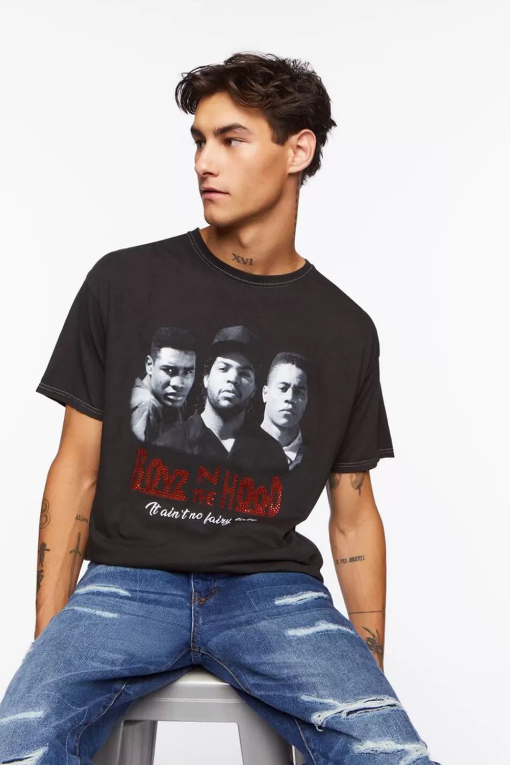 Graphic Tees>Forever 21 Boyz N The Hood Studded Graphic Tee Black/Multi