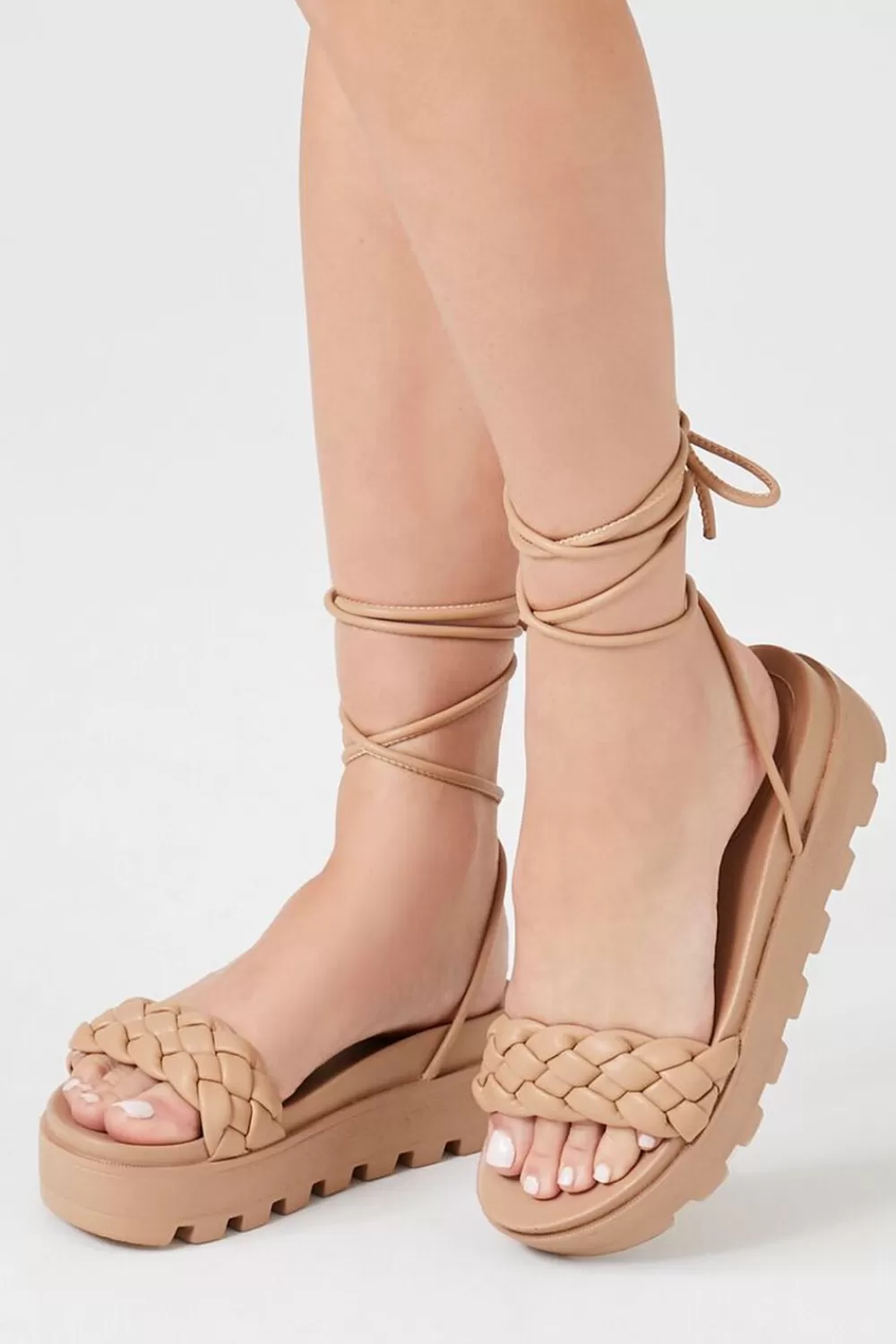 Swimwear>Forever 21 Braided Platform Lace-Up Sandals Nude