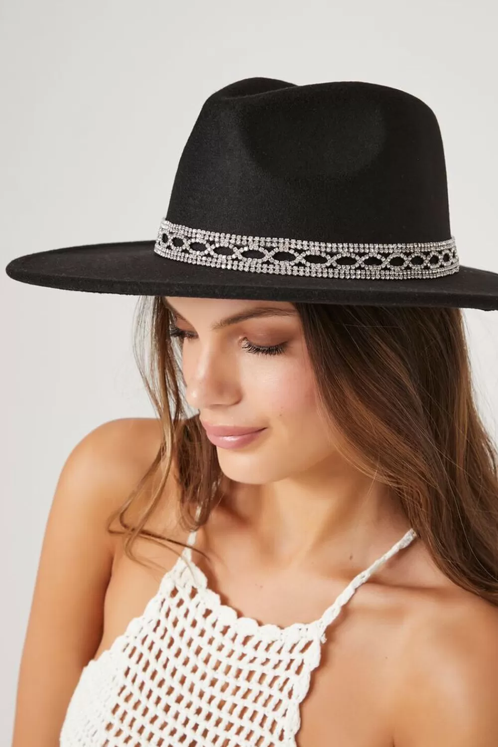 Hats + Beanies>Forever 21 Brushed Rhinestone-Trim Fedora Black/Silver