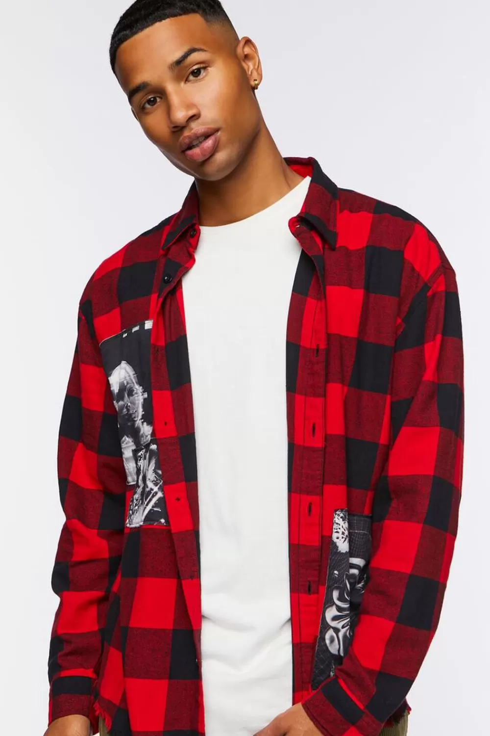 Shirts>Forever 21 Buffalo Plaid Frayed Patch Shirt Red/Multi