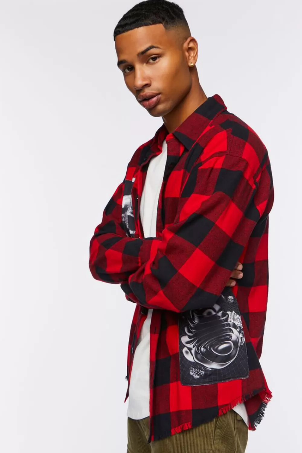 Shirts>Forever 21 Buffalo Plaid Frayed Patch Shirt Red/Multi