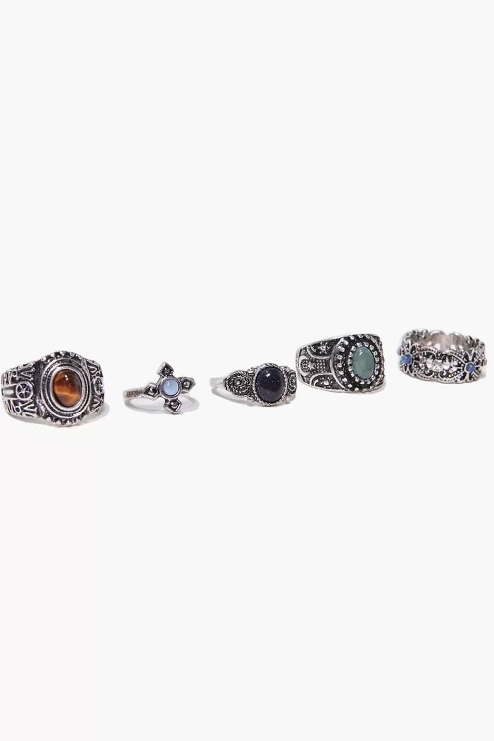 Rings>Forever 21 Burnished Faux Stone Ring Set Silver