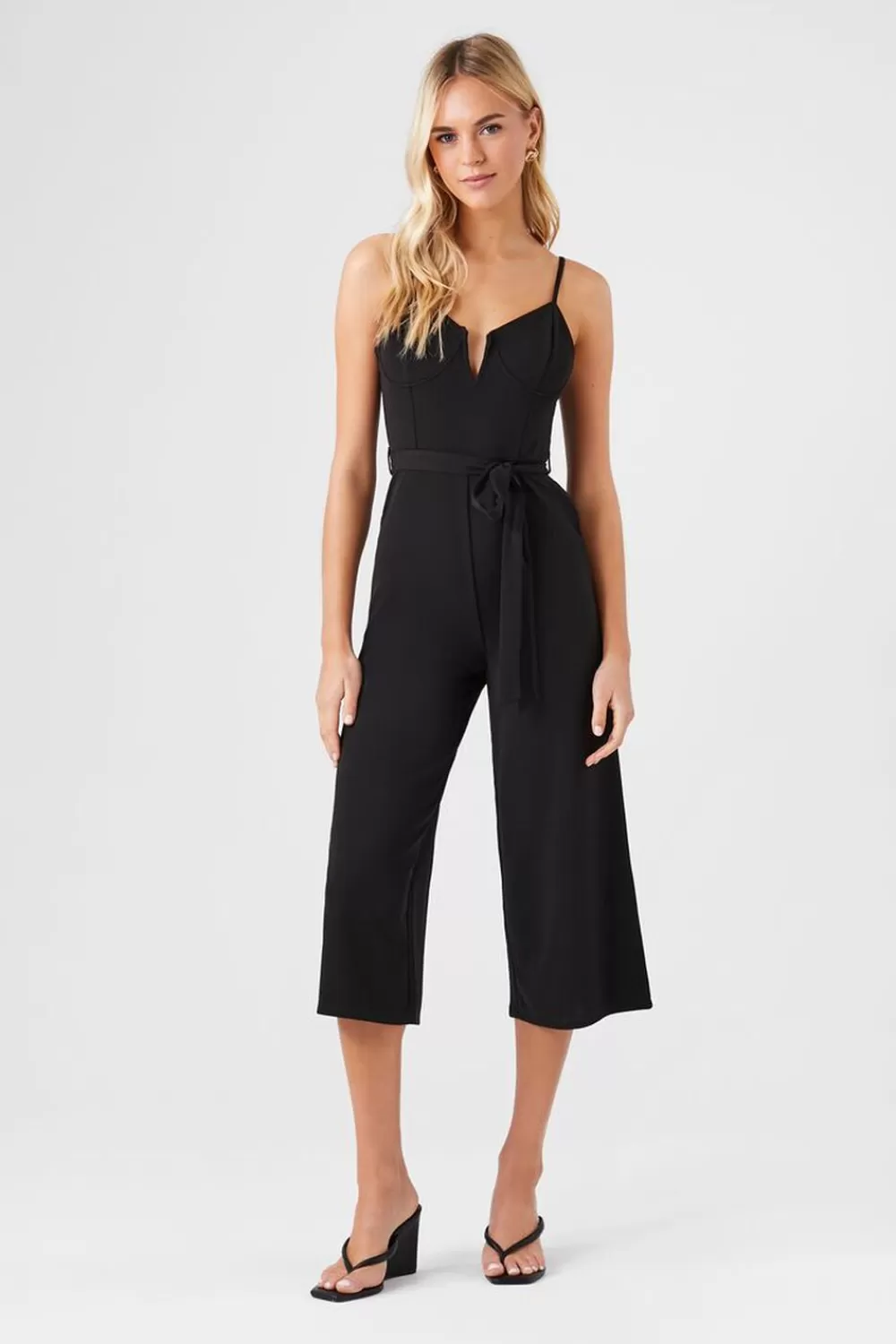 Rompers + Jumpsuits>Forever 21 Bustier Split-Neck Tie Jumpsuit Black