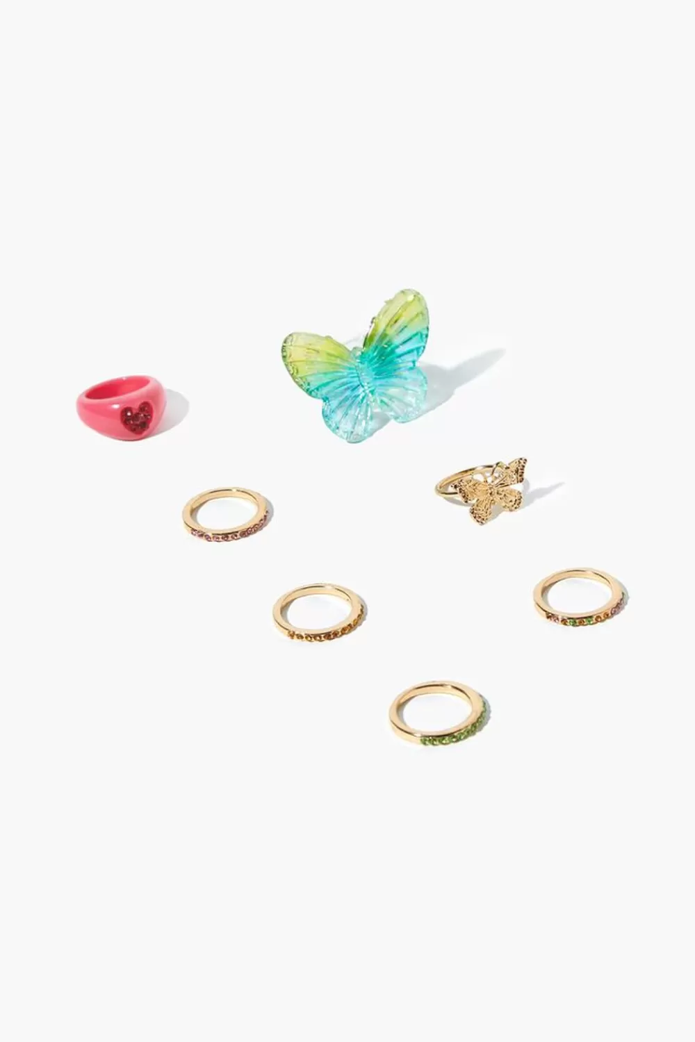 Rings>Forever 21 Butterfly & Cocktail Ring Set Pink/Blue