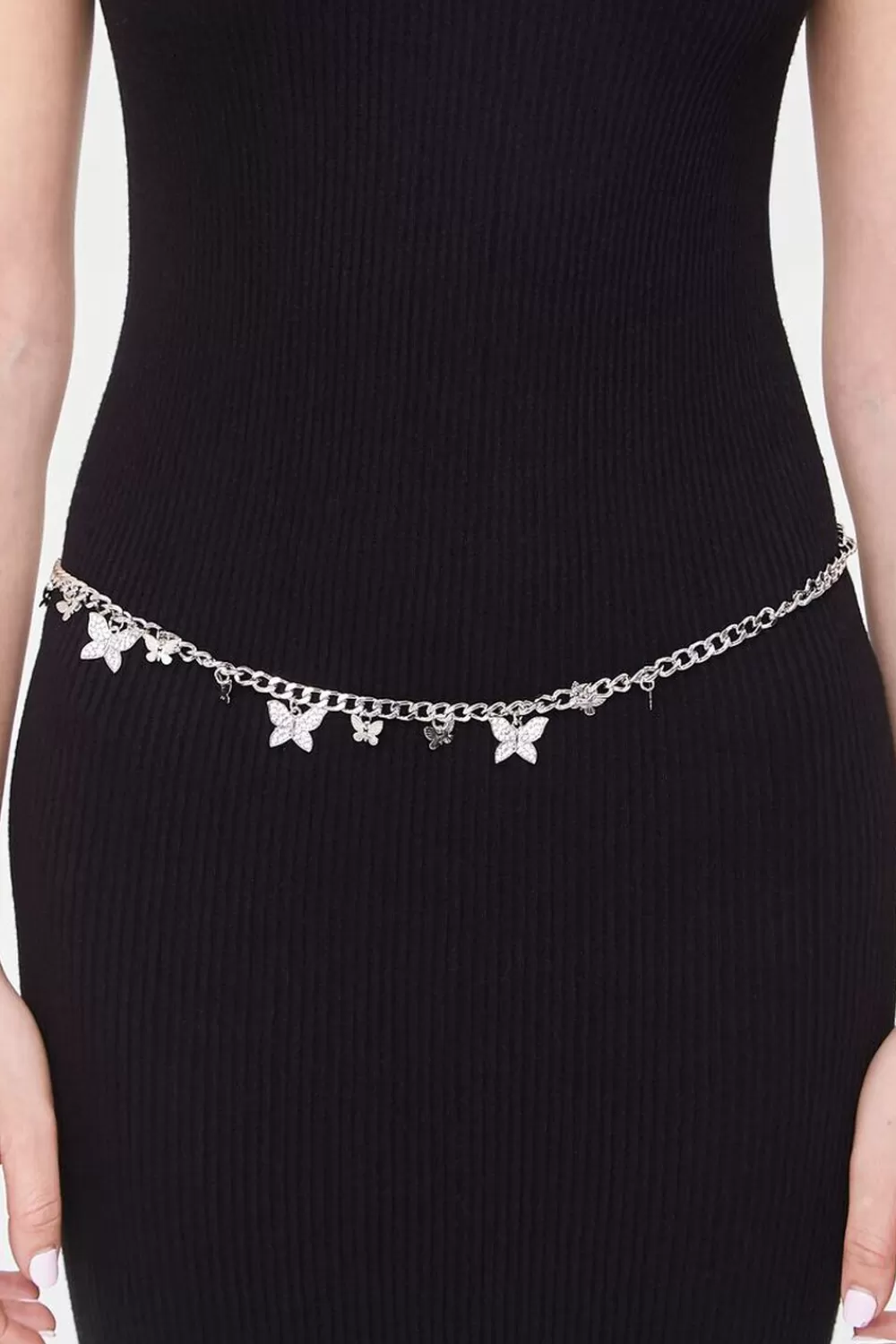 Belts>Forever 21 Butterfly Charm Chain Hip Belt Silver