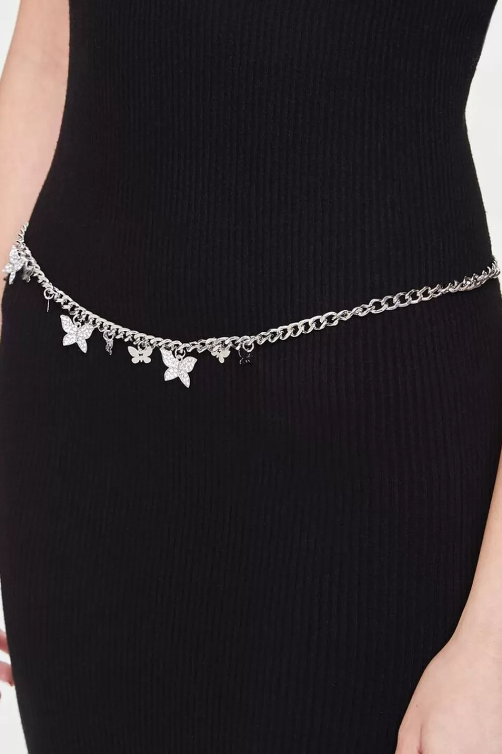 Belts>Forever 21 Butterfly Charm Chain Hip Belt Silver