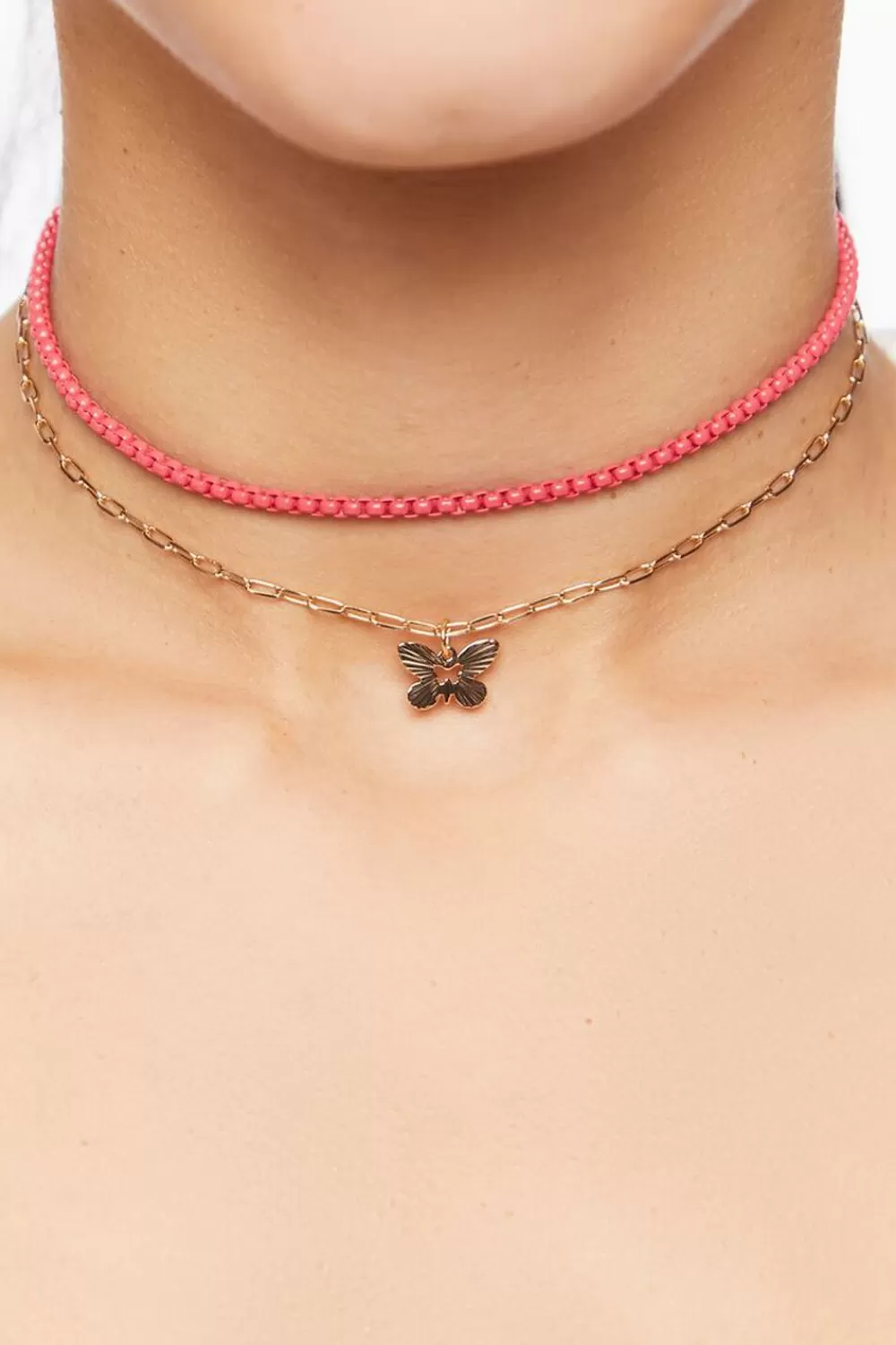 Necklaces>Forever 21 Butterfly Charm Necklace Set Pink/Gold