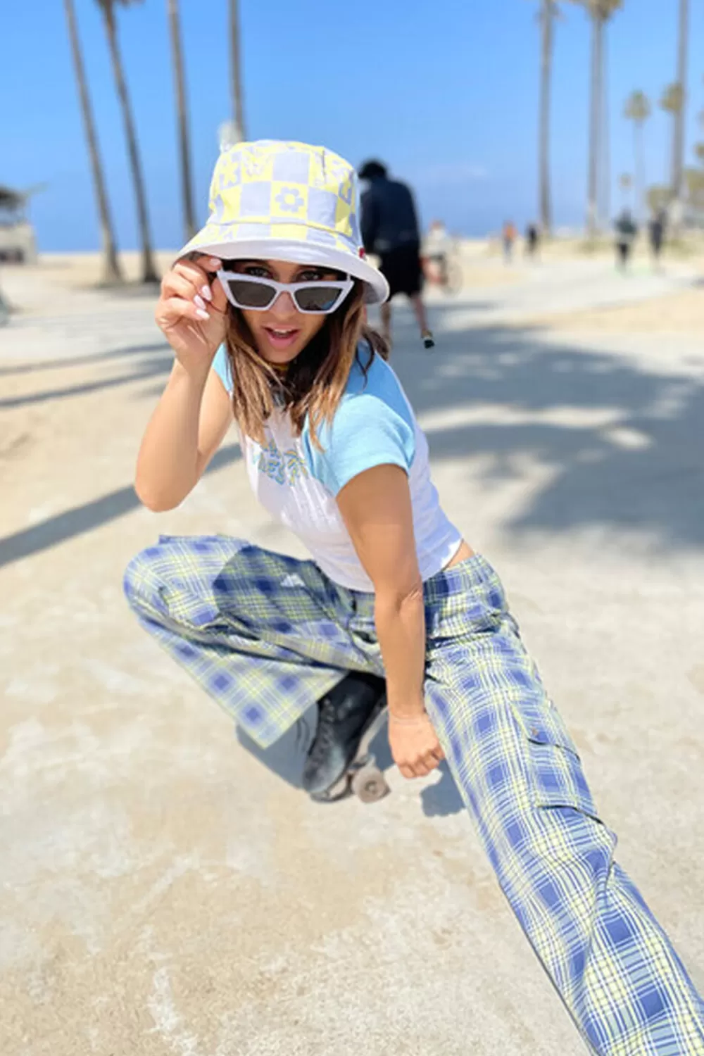 Hats + Beanies>Forever 21 Butterfly Checkered Bucket Hat Lime/Light Blue