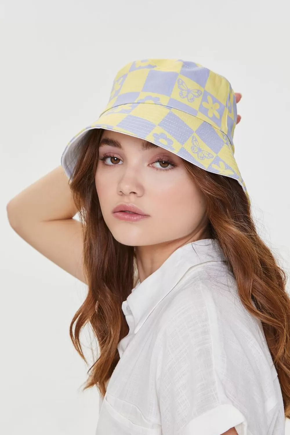 Hats + Beanies>Forever 21 Butterfly Checkered Bucket Hat Lime/Light Blue