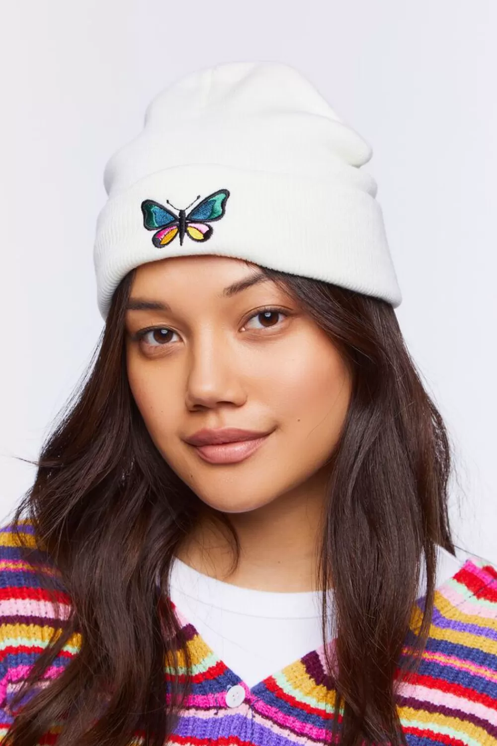 Hats + Beanies>Forever 21 Butterfly Embroidered Beanie Cream/Multi