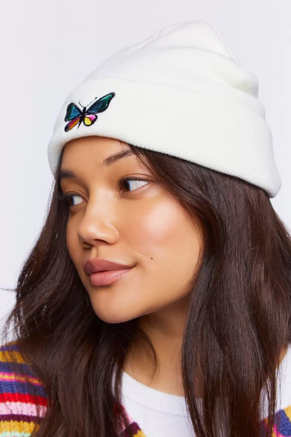 Hats + Beanies>Forever 21 Butterfly Embroidered Beanie Cream/Multi
