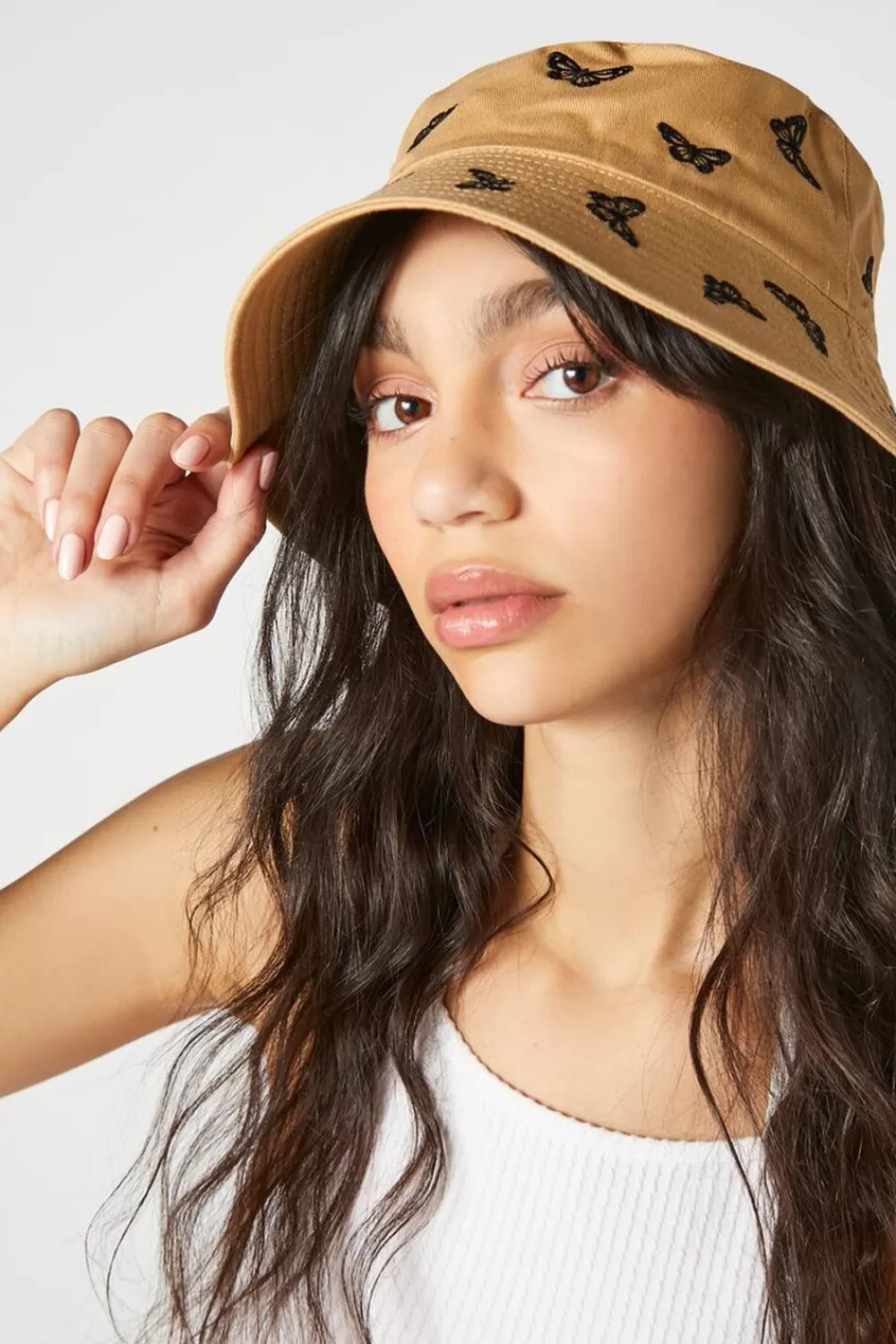 Hats + Beanies>Forever 21 Butterfly Embroidered Bucket Hat Khaki/Black