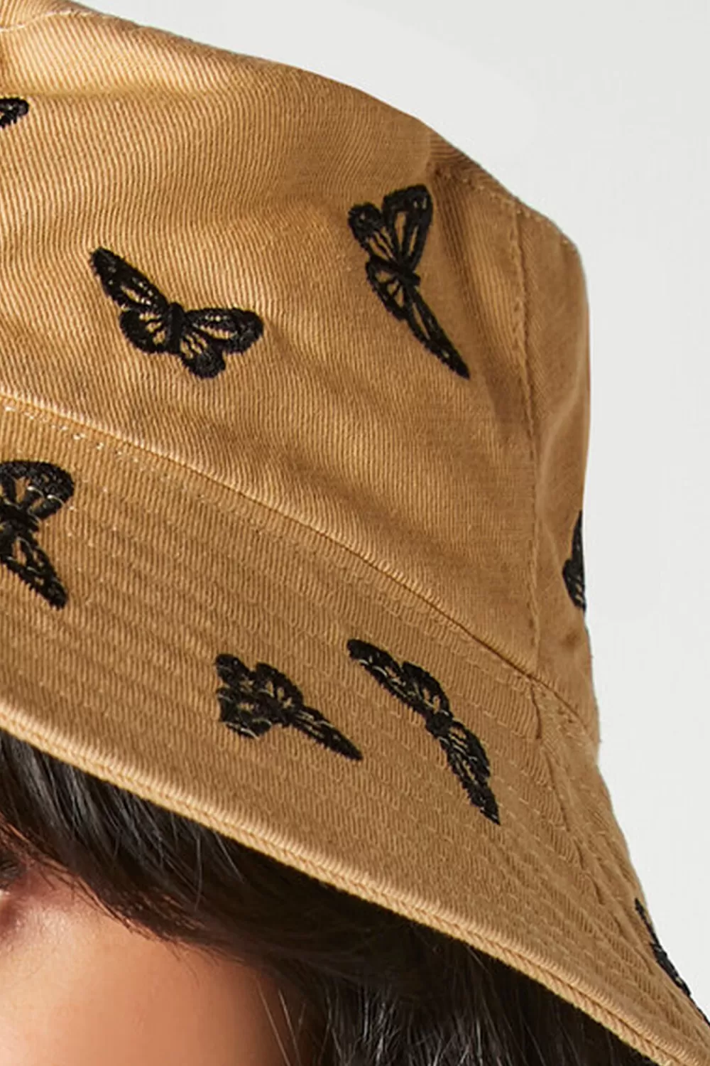 Hats + Beanies>Forever 21 Butterfly Embroidered Bucket Hat Khaki/Black