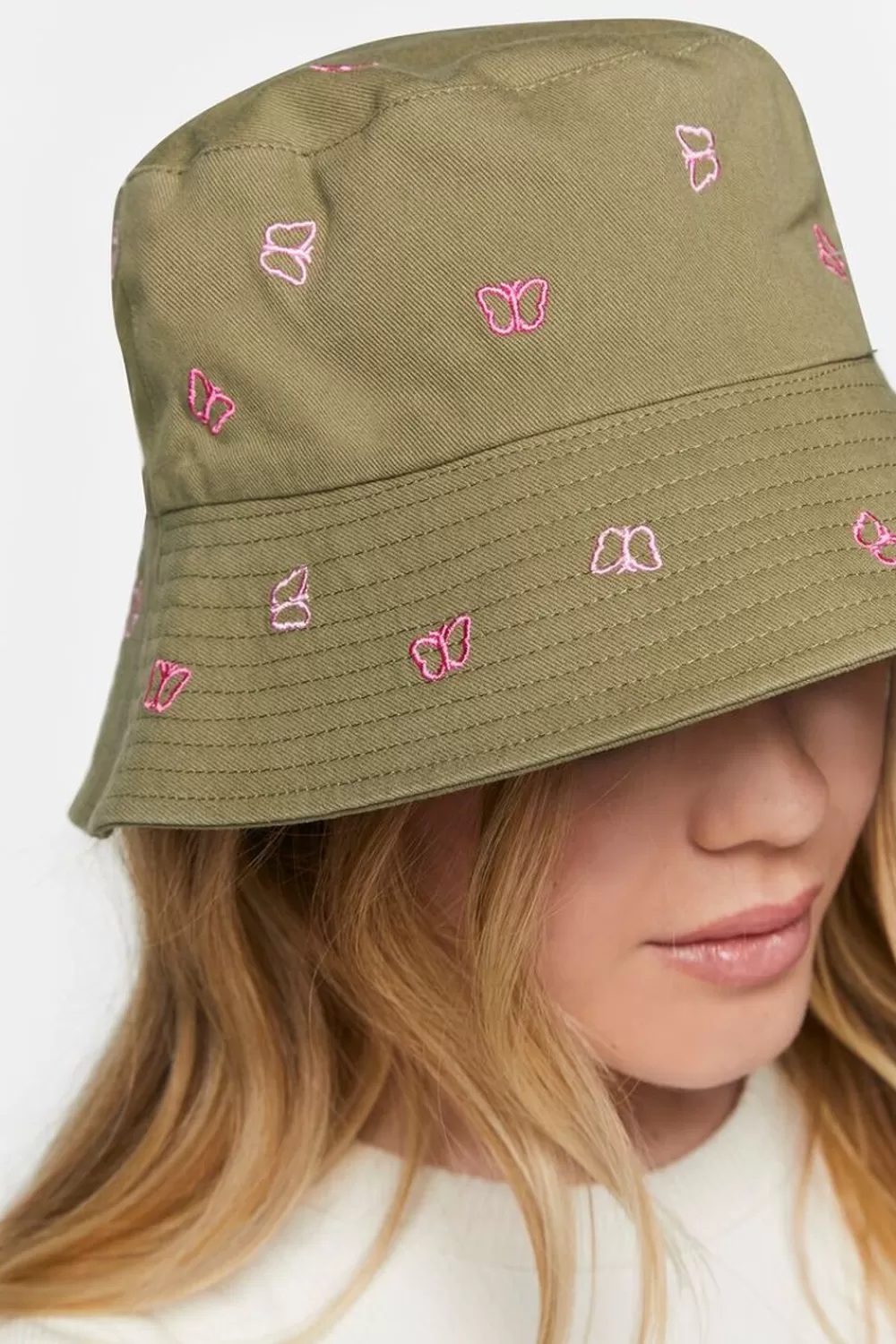 Hats + Beanies>Forever 21 Butterfly Embroidered Bucket Hat Olive/Multi