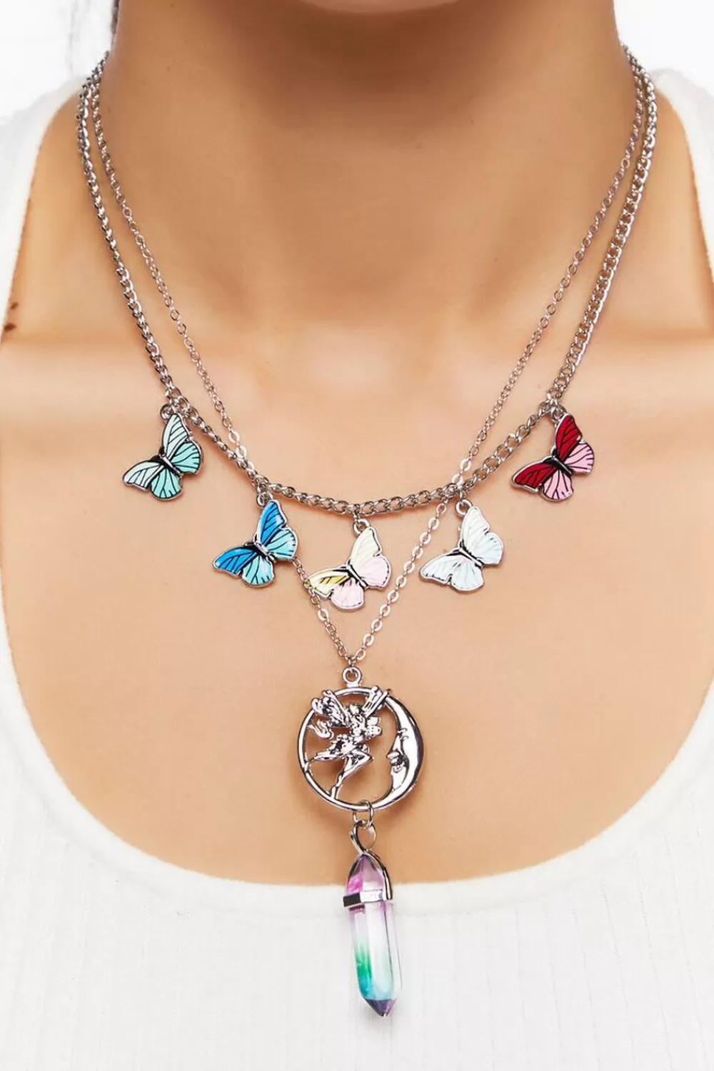 Necklaces>Forever 21 Butterfly Fairy Necklace Set Silver/Multi
