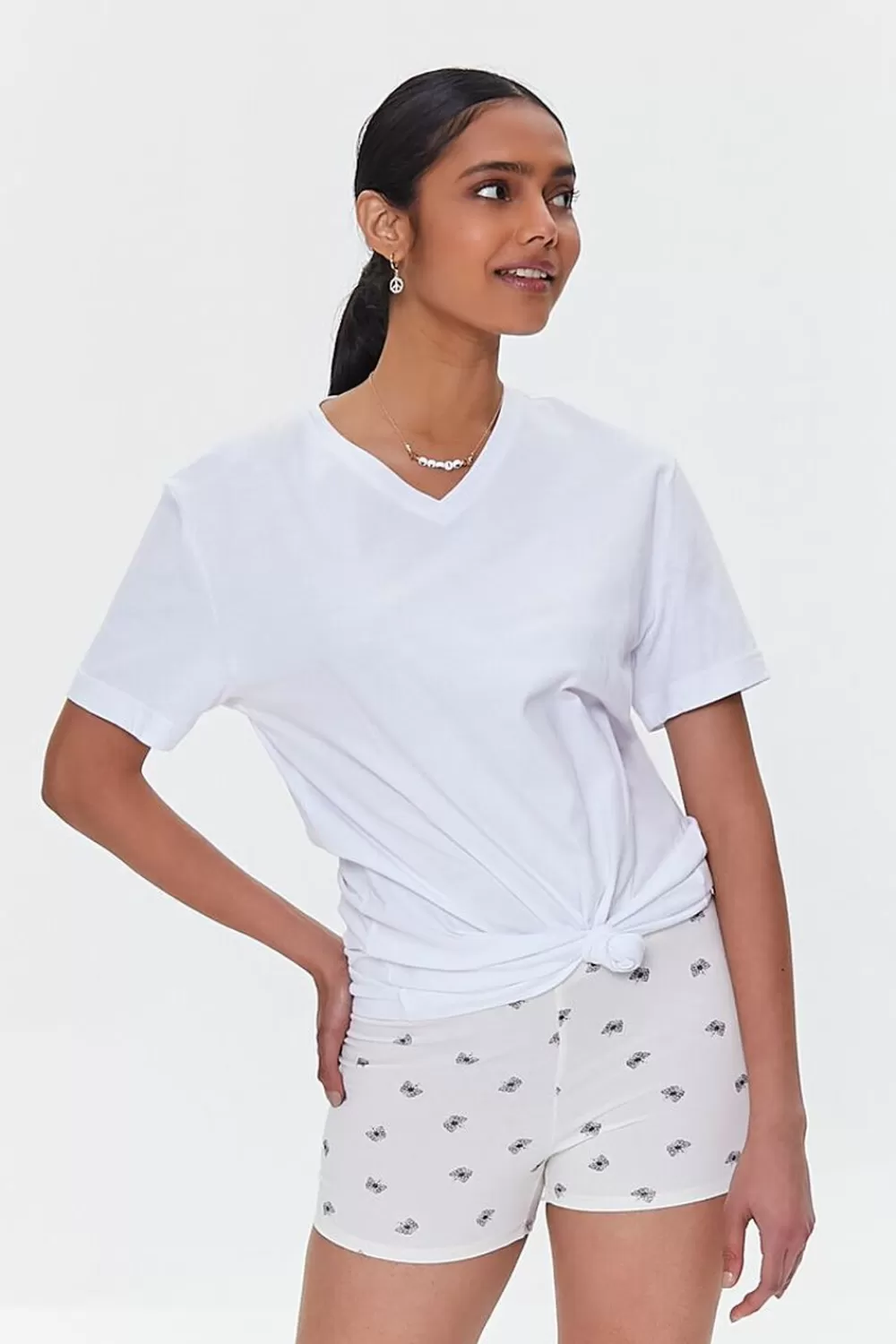 Bottoms>Forever 21 Butterfly Print Biker Shorts White/Black