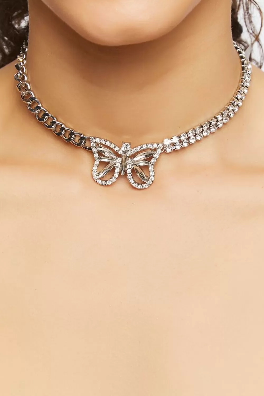 Necklaces>Forever 21 Butterfly Rhinestone Choker Necklace Clear/Silver
