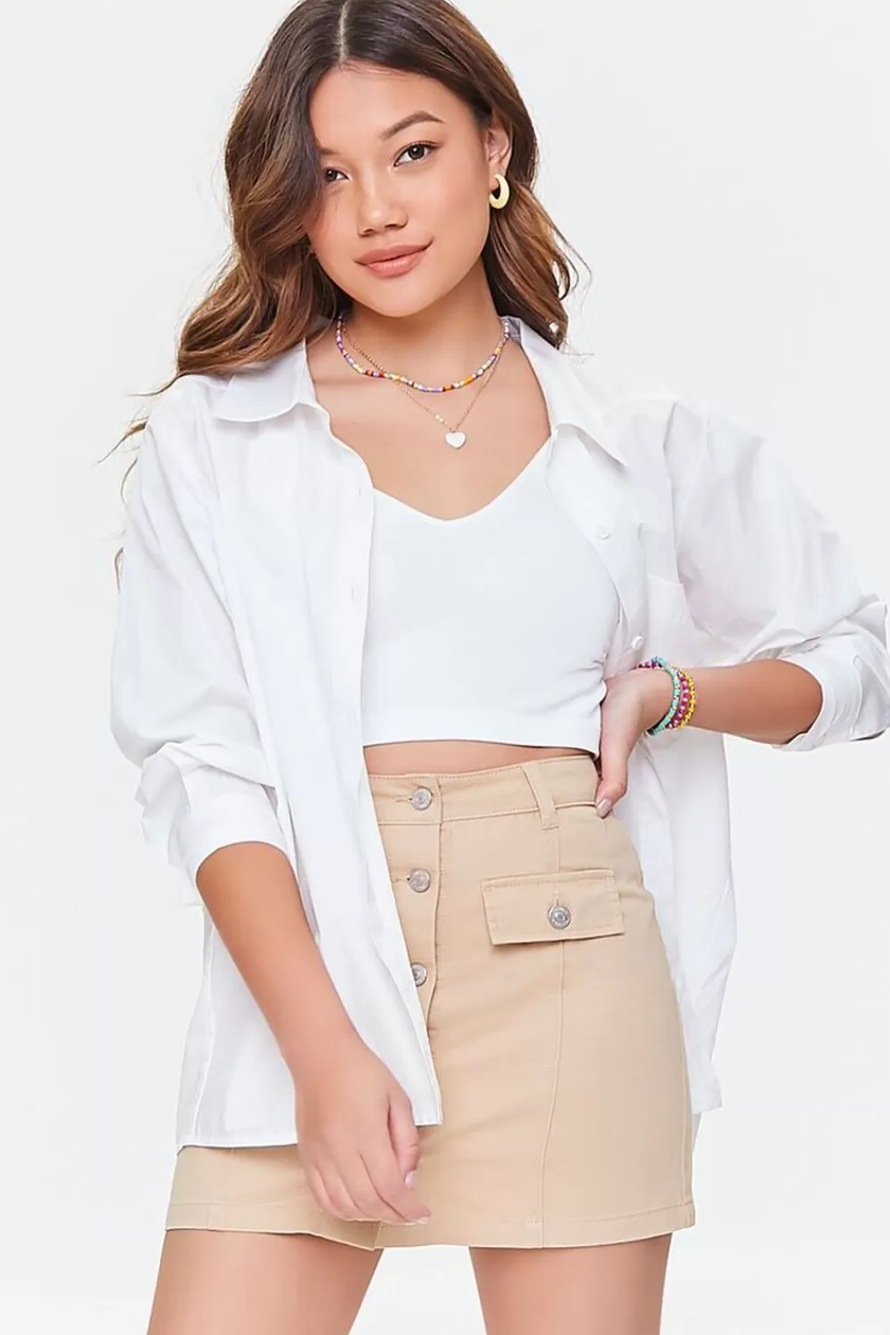 Bottoms>Forever 21 Button-Front Twill Mini Skirt Khaki